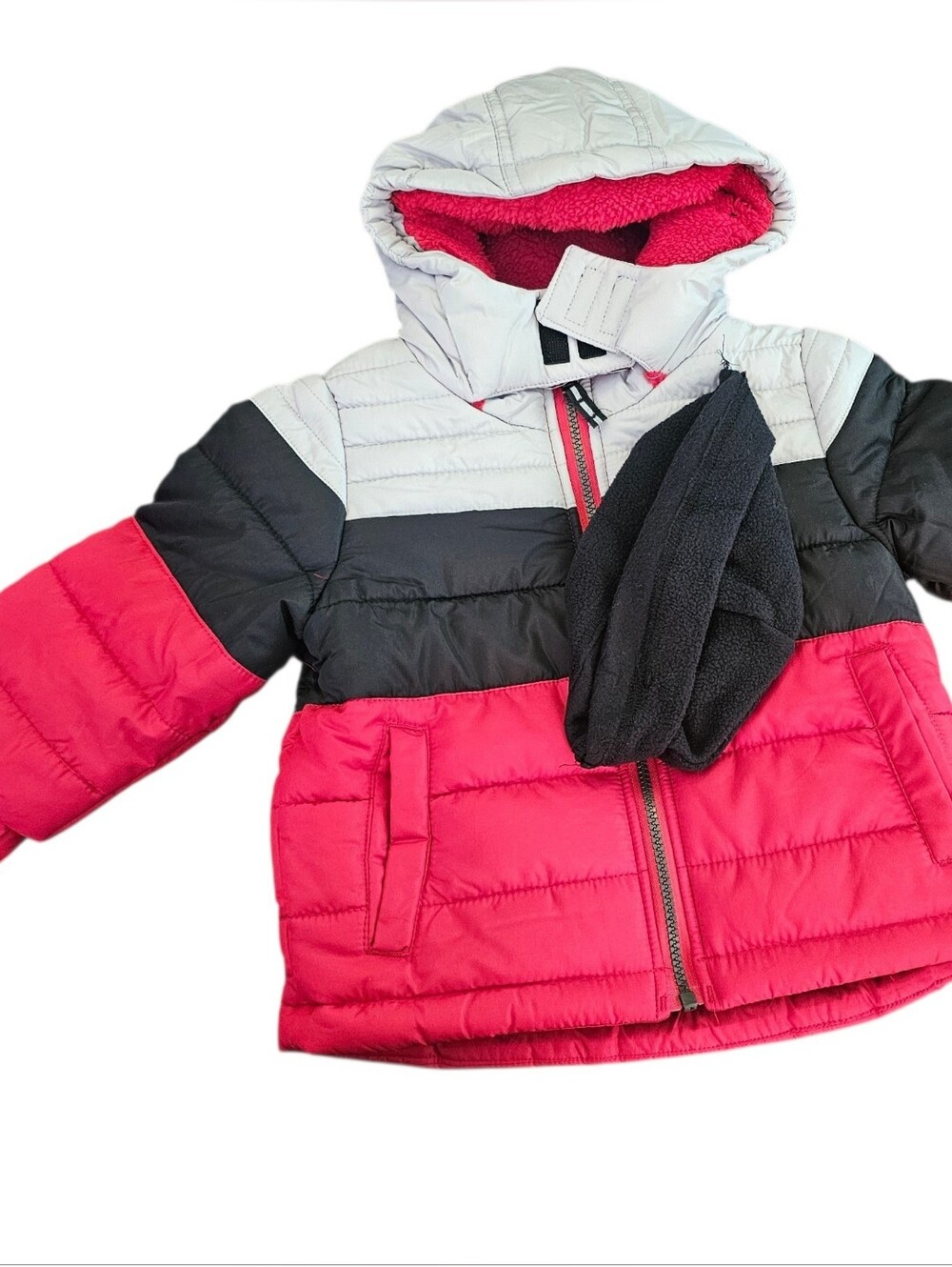 Kids Colorblock Puffer Jacket in Red, Black & Light Gray